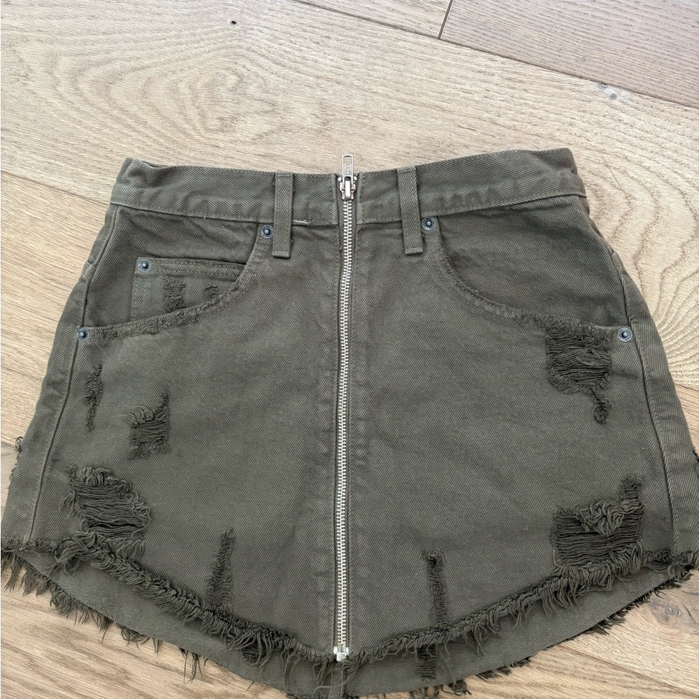 Olive Distressed Denim Skirt